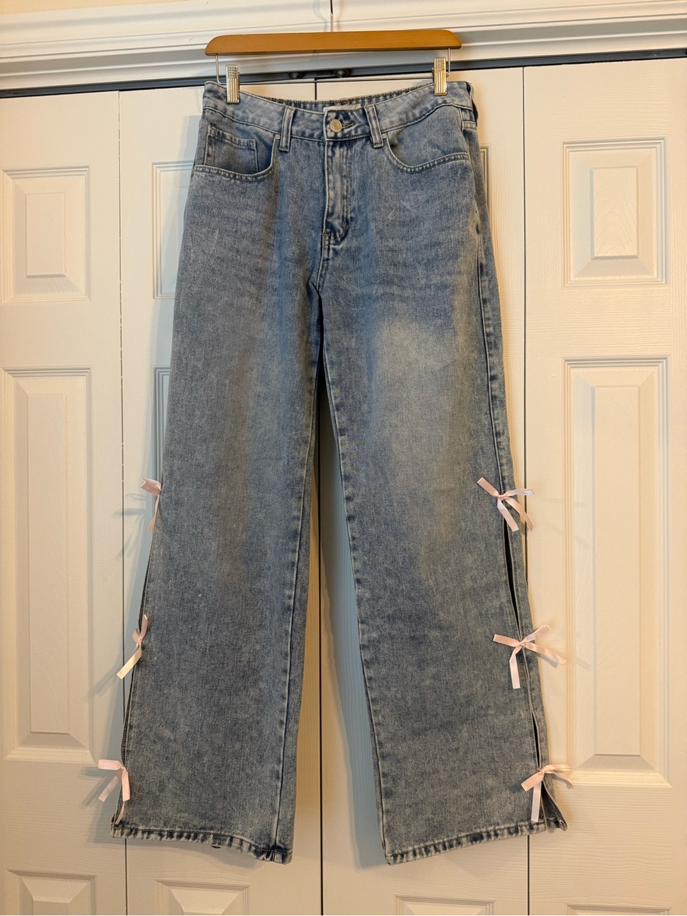 Light Blue Wide-Leg Jeans with Pink Ribbon Side Ties